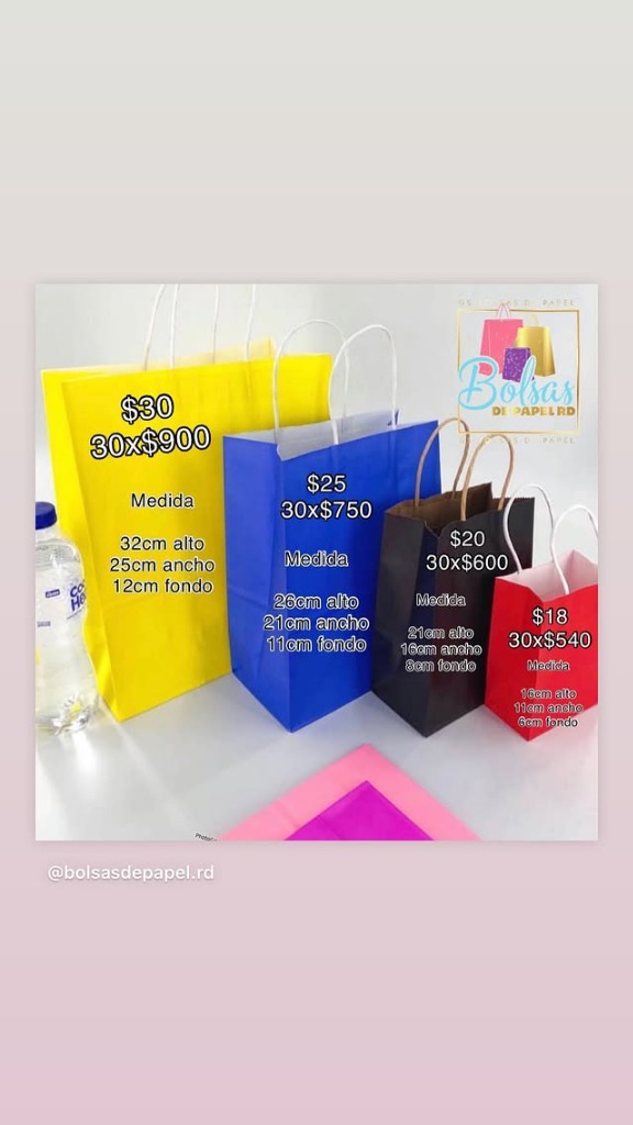 Catalogo de bolsas de papel de colores con medidas y precios